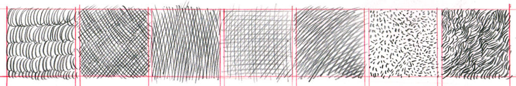 a pencil sketch shows drawing tips for beginners featuring 7 square boxes horizontally lined up to show the differences in styles including stippling, hatching, and curved marks