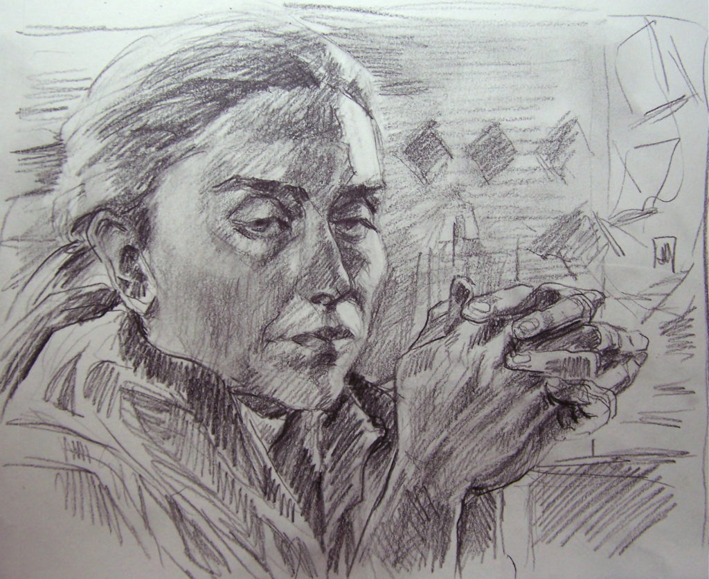 a pencil drawing by Mariah that features a woman’s face with her hands folded in front of her. This drawing helps express drawing tips for beginners