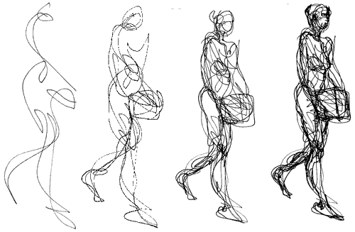 this drawing shows four gesture drawings of the same figure and pose. Each drawing has progressively more line work, detail, and shading to express drawing tips for beginners that focus on learning value and gesture drawing.